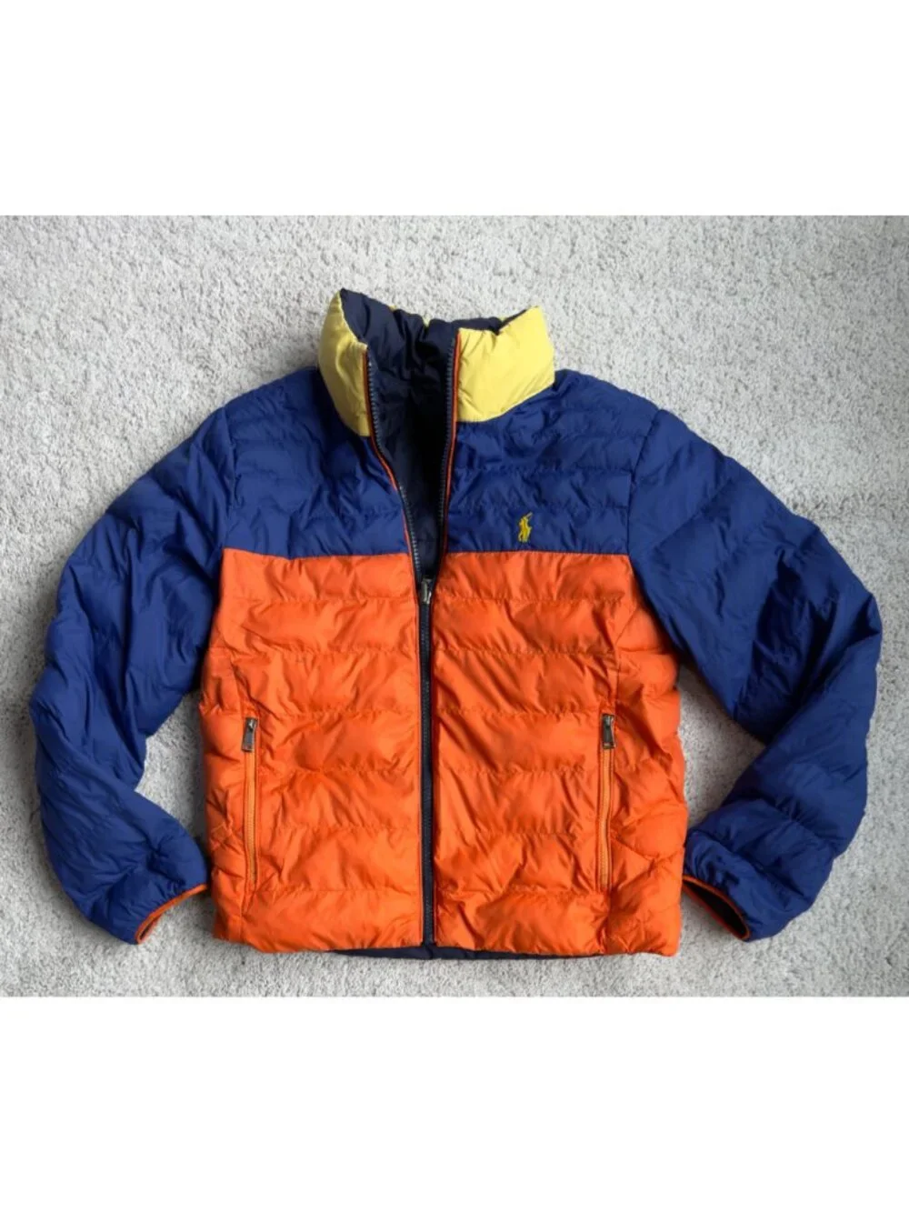 Polo Ralph Lauren Boys Reversible Coat Size M 10-12 Puffer Jacket Orange / Navy